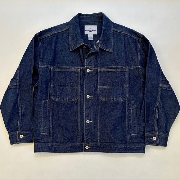 VTG 90s Y2K MENS ANCHOR BLUE DARK WASH OVERSIZED BOXY DENIM JACKET COAT SzL - Picture 4 of 10